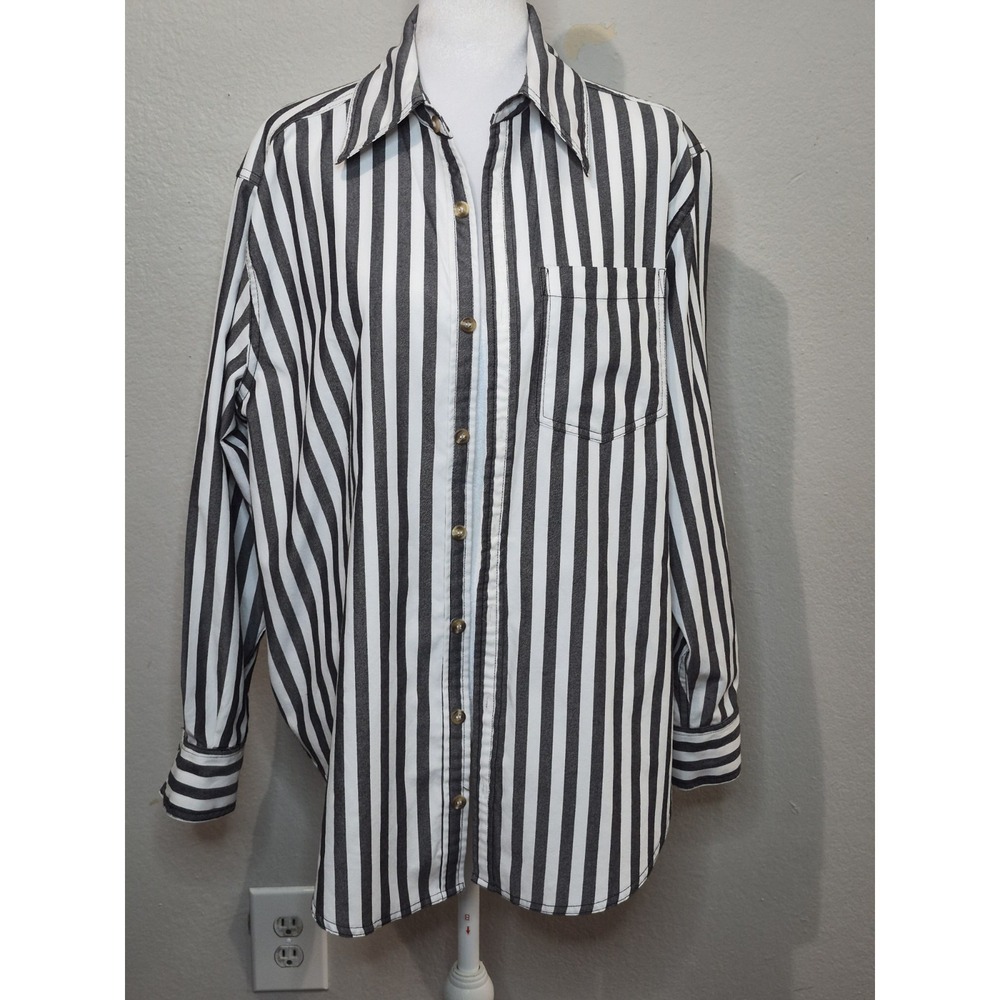 Emerson Lang Shirt Women's Sz L Gray Stripe Button up‎ Preppy Shacket Oversized